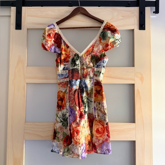 Alice + Olivia Floral Lace Trim Puff Sleeve Mini Dress NWT Size 6 - Picture 8 of 12